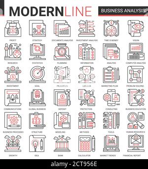 Business analytics concept complesso sottile rosso linea nera icone insieme vettoriale, businessman analyst strumenti, digitale analisi delle informazioni di borsa, strategia di consulenza delineare la raccolta di simboli web Illustrazione Vettoriale