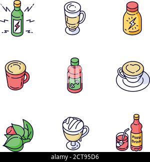 Set di icone di colore RGB per bevande energetiche Illustrazione Vettoriale