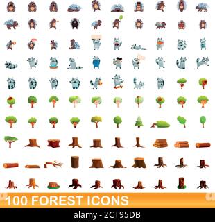 100 set di icone di foresta. Illustrazione cartoon di 100 icone di foresta vettore insieme isolato su sfondo bianco Illustrazione Vettoriale