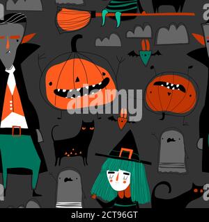 Motivo senza cuciture con caratteri Halloween su sfondo grigio Illustrazione Vettoriale
