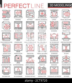 stampa 3d complessa concetto scienza tecnologia sottile web icone set vettoriale. Design creativo a linea sottile rosso nero con modellazione di macchinari per stampanti tecnologicamente moderni, innovazioni scientifiche future Illustrazione Vettoriale