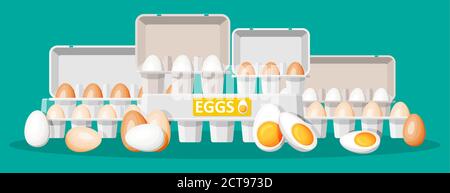 Mettere le uova in una confezione di cartone isolata in verde. Icona uovo bianco e marrone cartoon nel vassoio. Cibo e generi alimentari. Concetto di mockup di Pasqua. Illustrazione vettoriale piatta. Illustrazione Vettoriale