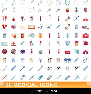 100 medici set di icone. Cartoon illustrazione di 100 medical icone set di vettore isolato su sfondo bianco Illustrazione Vettoriale