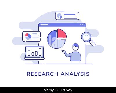 Analisi di ricerca concetto uomo presentazione dati statistica grafico a torta on schermo del computer con profilo piatto Illustrazione Vettoriale