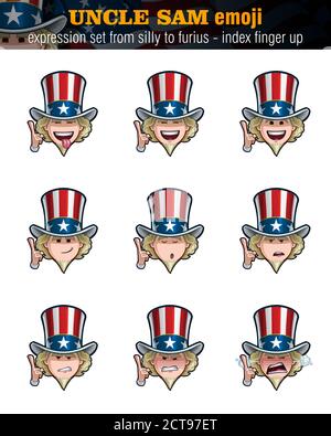 Illustrazioni vettoriali Imposta il cartoon Uncle Sam Emoji che punta verso l'alto. Nove espressioni, sciocco, ridendo, felice, sorridente, predicando, sereno, indivertito, arrabbiato n Illustrazione Vettoriale