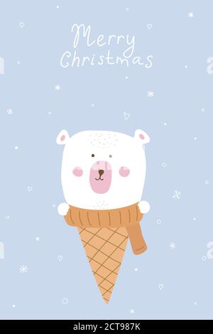 Dolce card di Natale. Snowbear in una sciarpa seduta in un cialda di ghiaccio tromba sullo sfondo di fiocchi di neve. Illustrazione vettoriale. Illustrazione Vettoriale