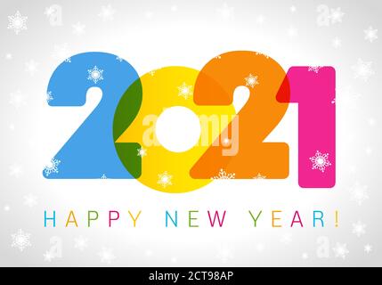 2021 un biglietto d'auguri felice per l'anno nuovo. Xmas sfondo bianco. Numeri e testo dei confetti per le vacanze. Logotipo colorato. Disegno grafico isolato astratto di fotoricettore Illustrazione Vettoriale