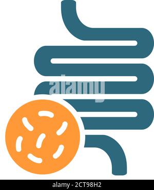 Intestino con icona di colore batterico. Organo interno malato, sindrome dell'intestino irritabile, simbolo di costipazione Illustrazione Vettoriale