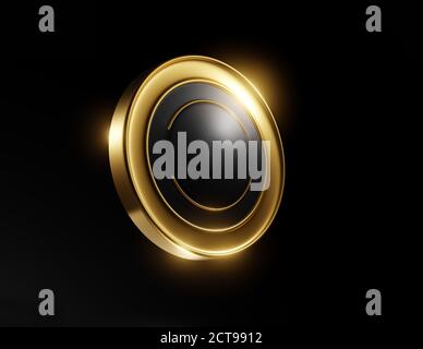Pulsante nero lucido e oro. Elemento 3d astratto su sfondo nero. Rendering. Foto Stock