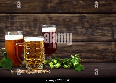 Vari tipi di birra alla spina in bicchieri e tazza su tavolo di legno, spazio di copia. Birra fresca con luppolo e malto. Foto Stock