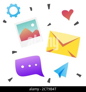 Social media, lavoro del team di marketing e riquadro di comunicazione per presentazione e banner Web. Colore chiaro e morbido. Ideale per applicazioni, marketing e pubblicità Illustrazione Vettoriale