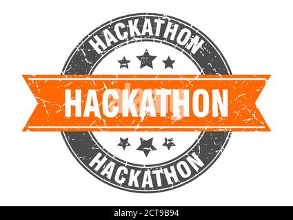 francobollo rotondo hackathon con nastro. etichetta di sign Illustrazione Vettoriale