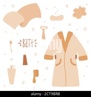 Un set di articoli per l'igiene e il bagno. Accappatoio, asciugamano, sapone, spazzolino da denti e pasta, panno, macchina per la rasatura. Delicati colori beige e mano Illustrazione Vettoriale