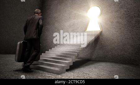 Uomo d'affari in piedi di fronte alle scale che conducono alla luminosa keyhole. Illustrazione 3D. Foto Stock