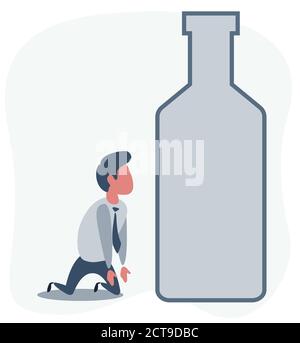 Malato ubriaco sulle ginocchia accanto alla bottiglia di vino. Concetto flat vettore illustrazione della dipendenza da alcol. Illustrazione Vettoriale