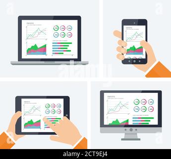 Statistiche. Infografica vettoriale piatta con grafici ed elementi grafici sulle schermate dei dispositivi. Report statistiche finanziarie, statistiche aziendali, ui app mobile Illustrazione Vettoriale