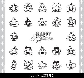 pacchetto di zucche halloween e lettere stile linea icone vettore disegno dell'illustrazione Illustrazione Vettoriale