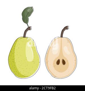 Pera verde intera e tagliata isolata su sfondo bianco, illustrazione vettoriale. Illustrazione Vettoriale