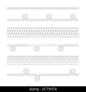 Profilo vettoriale corda nautica sottile e spessa per l'uso come pennello. Fune Navy per bordo o cornice con nodi marini in linea. Linea sottile rampicante ritorto Illustrazione Vettoriale