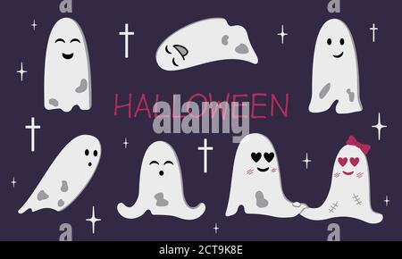 Simpatici fantasmi isolati su sfondo viola scuro. Collezione di personaggi di Halloween con volti sorridenti. Foglio bianco vuoto con fori. Elemento per poster, banner Illustrazione Vettoriale