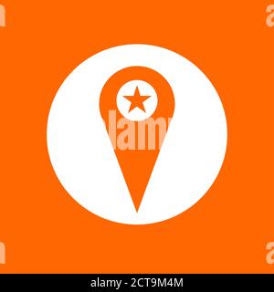Icona del segno di posizione con stella. In cerchio bianco su sfondo arancione. Illustrazione Vettoriale