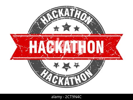 francobollo rotondo hackathon con nastro. etichetta di sign Illustrazione Vettoriale