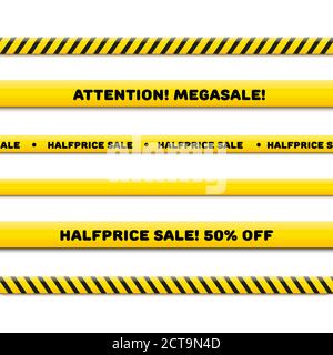 Linea di polizia per megasale, vettore realistico impostato isolato su bianco. Nastri di attenzione senza cuciture Illustrazione Vettoriale