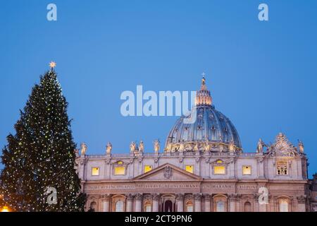 L'Italia, Vaticano, Roma, Basilica di San Pietro e di albero di Natale al mattino Foto Stock