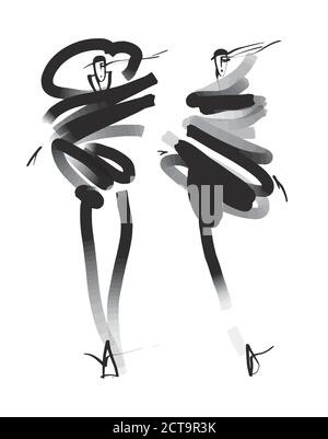 Modelli moda schizzo disegnati a mano, silhouette stilizzate isolate. Illustrazione della moda. Illustrazione Vettoriale