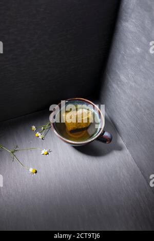 Tazza di tè con fiori di camomilla, close up Foto Stock