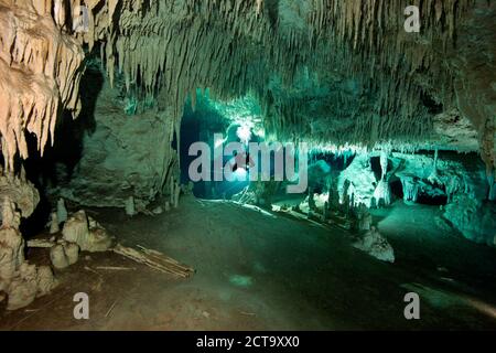 Messico, Tulum, grotta subacqueo ad esplorare il sistema Dos Pisos Foto Stock