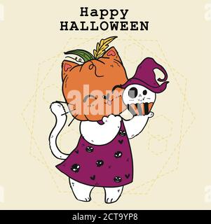 Cute doodle felice gatto bianco con craved testa di zucca, trucco o trattare, costume di Halloween, arancione di autunno, idea per biglietto di auguri, limatazione tagliata di limatazione, Illustrazione Vettoriale