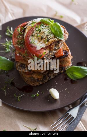 La bruschetta, tomatoe, mozzarella, pane integrale e crema di aglio sulla piastra Foto Stock