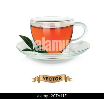 Tazze di tè con foglie verdi su sfondo bianco, illustrazione vettoriale realistica Illustrazione Vettoriale