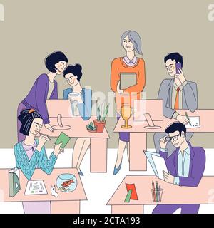 Giornata lavorativa in ufficio - uomini d'affari, uomini e donne al lavoro. Illustrazione Vettoriale