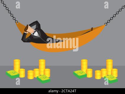 Un uomo di cartoni animati che si rilassa in amaca con una pila di banconote in dollaro e monete d'oro in primo piano. Illustrazione vettoriale sulla ricchezza e la libertà finanziaria conce Illustrazione Vettoriale