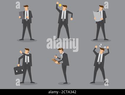 Dirigenti aziendali in tuta nera con gesti diversi. Illustrazione dei caratteri vettoriali dei cartoni animati isolati su sfondo grigio. Illustrazione Vettoriale
