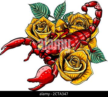 Scorpione e rose - tatuaggio a colori, illustrazione vettoriale Illustrazione Vettoriale