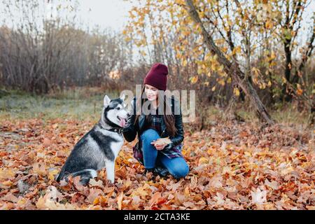 Bella giovane donna che gioca con il suo cane nel parco autunnale. Foto Stock