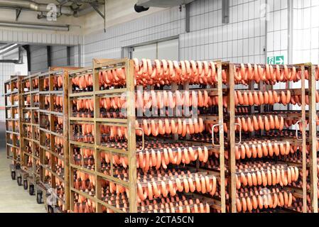 Salsicce in rack in una fabbrica Foto Stock