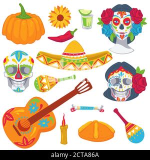 Giorno dei morti, oggetti di tradizione messicana per le vacanze Illustrazione Vettoriale