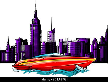 Arrivo in città da una gita in mare a bordo di yacht e motoscafo moderni. Illustrazione Vettoriale
