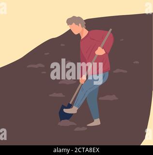 Coltivatore scavando buchi in suolo, piantando o coltivando campo Illustrazione Vettoriale