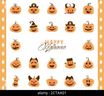 confezione di zucche halloween e scritte in stile piatto icone vettore disegno dell'illustrazione Illustrazione Vettoriale