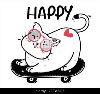 Carino felice doodle grasso gatto bianco su skateboard tempo felice idea per il disegno sublimazione biglietto d'auguri stampabile Illustrazione Vettoriale