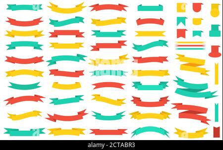 Serie di striscioni di nastri colorati isolati su sfondo bianco. Disegno piatto, illustrazione vettoriale degli elementi di tendenza Illustrazione Vettoriale
