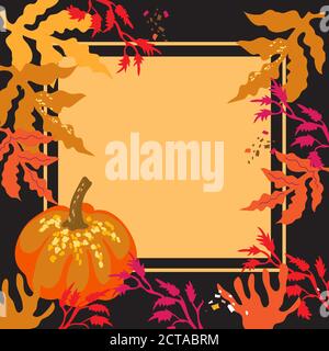Sfondo con zucca e foglie autunnali cornice piatta vettore illustrazione. Illustrazione Vettoriale