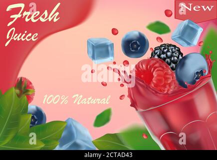 Succo dolce multivitaminico. 3D realistico lampone nero, mirtillo, lampone e cubetti di ghiaccio surgelato. Banner promozionale. Illustrazione vettoriale. Illustrazione Vettoriale