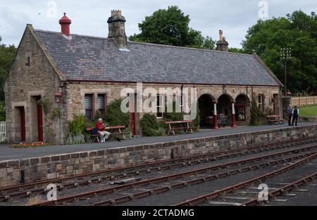 La stazione ferroviaria al Beamish Open Air Museum nella contea di Durham, Inghilterra Foto Stock