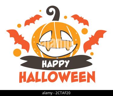 Felice festa d'autunno di Halloween, zucca intagliata e pipistrelli Illustrazione Vettoriale